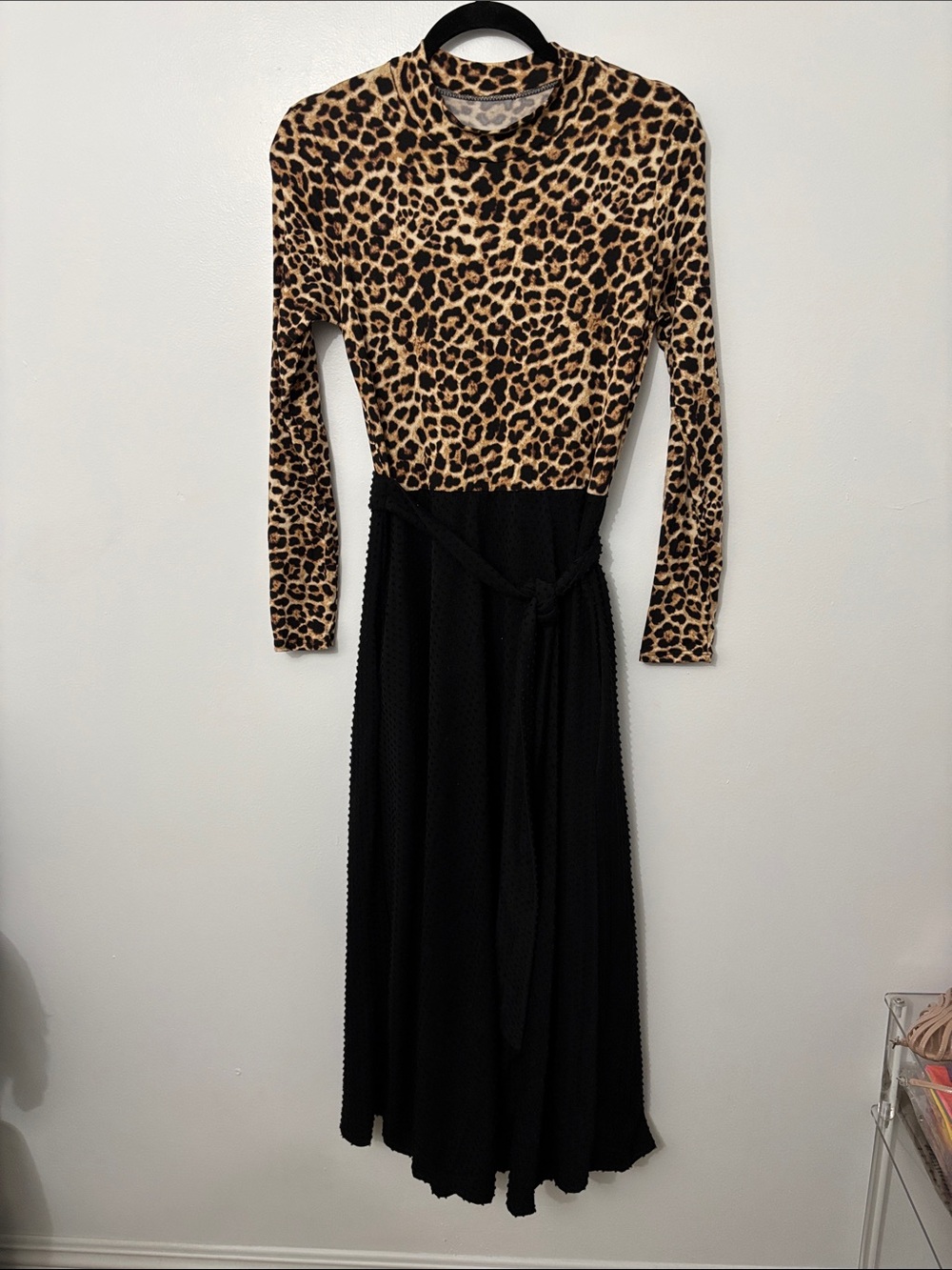 Leopard Print Long Sleeve Top with Black Skirt Midi Dress